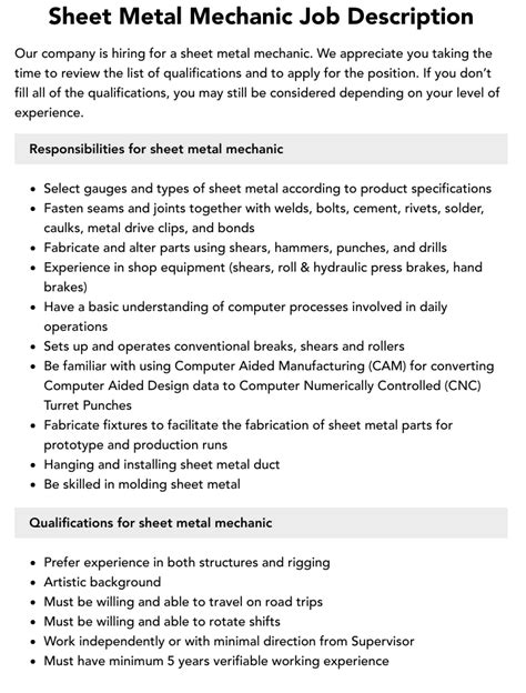 sheet metal mechanic job description|sheet metal fabrication job duties.